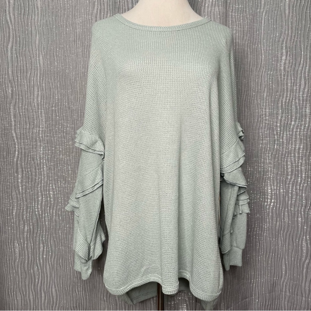 Anthro Hummingbird ruffle sleeve waffle weave knit